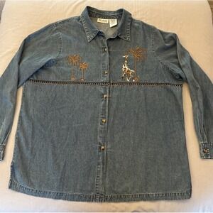 Vintage Blair Shirt Women's XL Blue Denim Button Down Embroidered Giraffe Palms